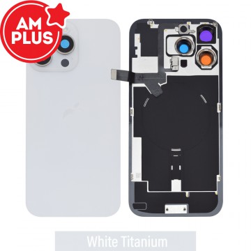 AMPLUS Rear Cover Glass with Camera Lens Glass and Wireless NFC Charging with Flash Flex Cable for iPhone 16 Pro Max-White Titanium