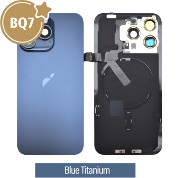 BQ7 Rear Cover Glass with Camera Lens Glass and Wireless NFC Charging with Flash Flex Cable for iPhone 15 Pro Max-Blue Titanium